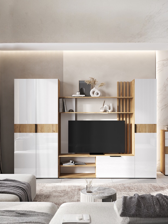 УЦЕНКА Гостиная Роджина, 2600×350×1826, Белый глянец/Дуб крафт - Фото 1