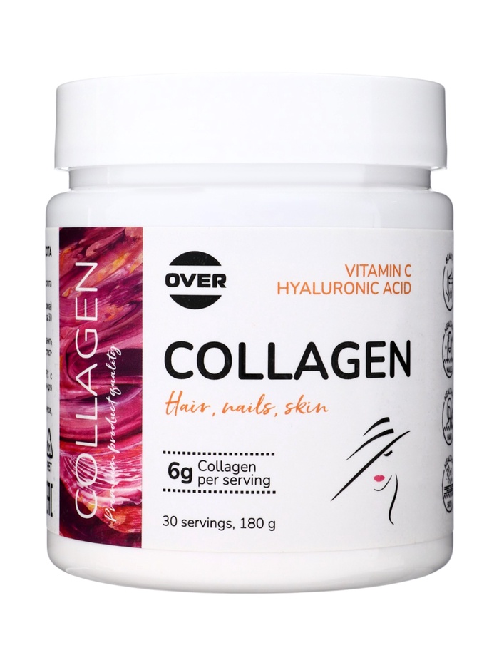 Коллаген+Витамин С+Гиалуроновая кислота OVERvit, концентрат для приготовления напитка, без вкуса, 180 г - Фото 1