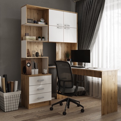 УЦЕНКА Стол компьютерный №1 Правый, 1280х2000х1450, Дуб вотан/Белый