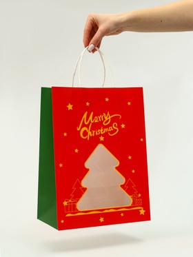 Пакет подарочный бумажный с окном «Ёлка» 26×35×16 см, крафт красный 10851666