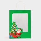 Пакет подарочный бумажный с окном «Дед Мороз» 30×22×14 см, крафт зеленый - фото 23599730