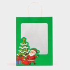 Пакет подарочный бумажный с окном «Дед Мороз» 30×22×14 см, крафт зеленый - фото 23599731
