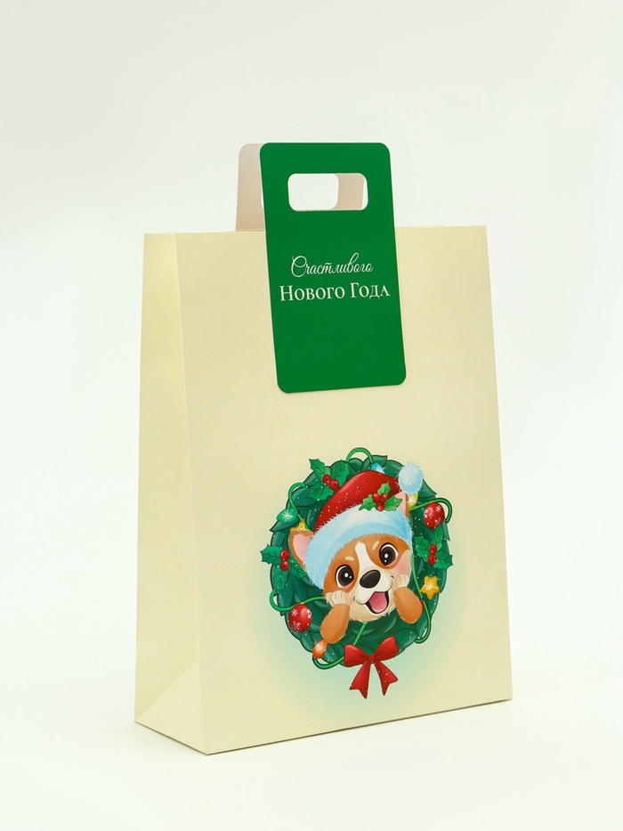 Пакет подарочный с вырубной ручкой «Новогодний корги» 30×40×12 см, зеленый - Фото 1