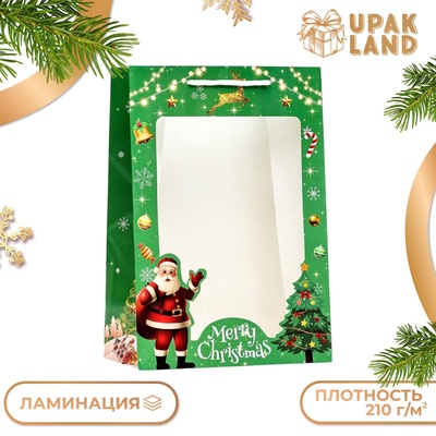 Пакет ламинированный подарочный с окном «Дед мороз» 24×35×14 см, зелёный