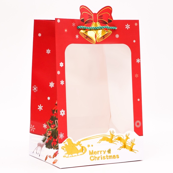 Пакет подарочный ламинированный с окном «Рождественский звон», тиснение 30×20×16 см, красный