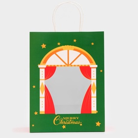 Пакет подарочный бумажный с окном «Театр» 30?22?14 см, крафт зеленый (комплект 2 шт)