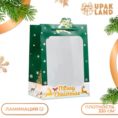 Пакет подарочный ламинированный с окном «Новый Год», тиснение, 18×25×13 см, зеленый
