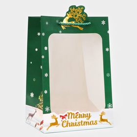 Пакет подарочный ламинированный с окном «Новый год» тиснение, 30×20×16 см, зеленый 10851705