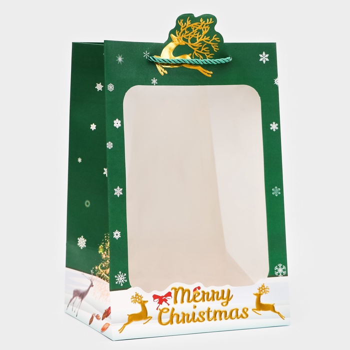 Пакет подарочный ламинированный с окном «Новый год» тиснение, 30×20×16 см, зеленый - Фото 1