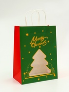 Пакет подарочный бумажный, с окном «Ёлка» 26×35×16 см, крафт зеленый 10851712