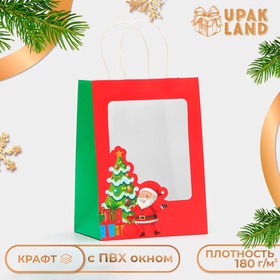 Пакет подарочный новогодний, крафт, с окном «Дед мороз» 19×26×13 см, Красный 10851729