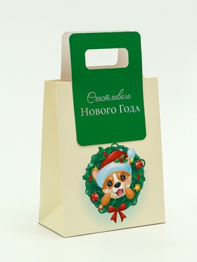 Пакет подарочный с вырубной ручкой «Новогодний корги» 18×23×9 см, зеленый 10851732