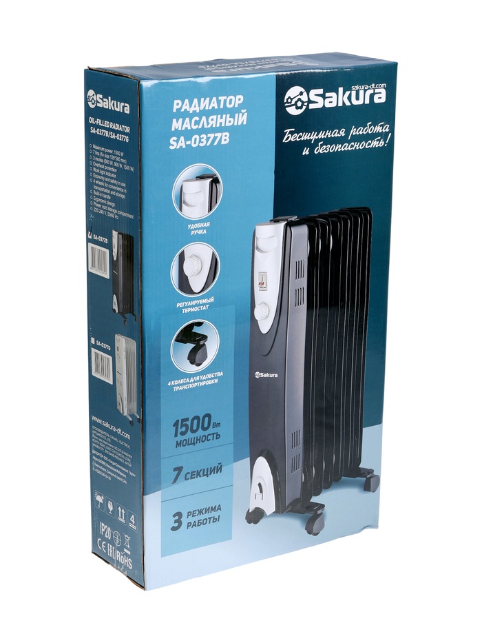 Обогреватель масляный Sakura SA-0377B, 1500 Вт, до 15 м², 7 секций, механический, 3 режима - фото 51881525