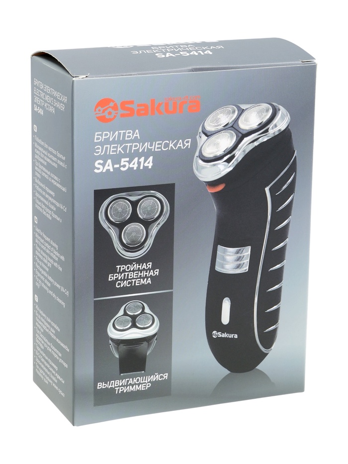 Электробритва Sakura SA-5414BK, АКБ, сеточная, 3 плавающие головки, триммер, чёрная - фото 51881537