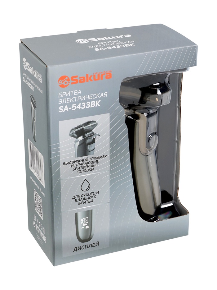 Электробритва Sakura SA-5433BK, роторная, 3 плавающие головки, LED дисплей, 5 Вт, АКБ, чёрная - фото 51881561