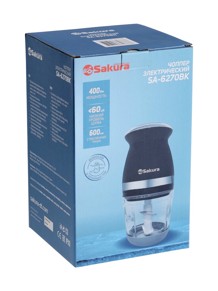 Измельчитель Sakura SA-6270BK, 0.6 л, 400 Вт, стекло, 2 ножа, чёрный - фото 51881605