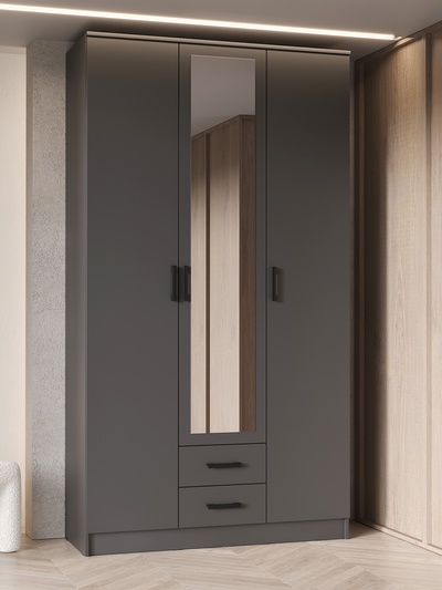 Шкаф прямой трёхстворчатый «Трио», 2 ящика, с зеркалом, 1200×482×2200 мм, цвет графит