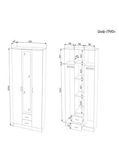 Шкаф прямой трёхстворчатый «Трио», 2 ящика, с зеркалом, 1200×482×2200 мм, цвет графит