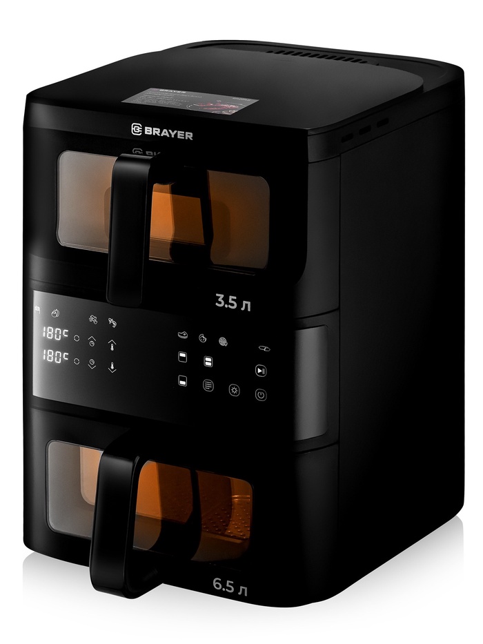 Аэрогриль BRAYER 2048BR, 2500 Вт, 2 чаши, 10 программ, 200°С, LED-дисплей, таймер, решётка - Фото 1