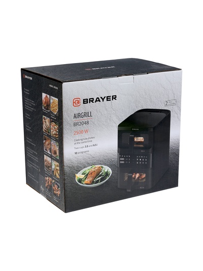 Аэрогриль BRAYER 2048BR, 2500 Вт, 2 чаши, 10 программ, 200°С, LED-дисплей, таймер, решётка