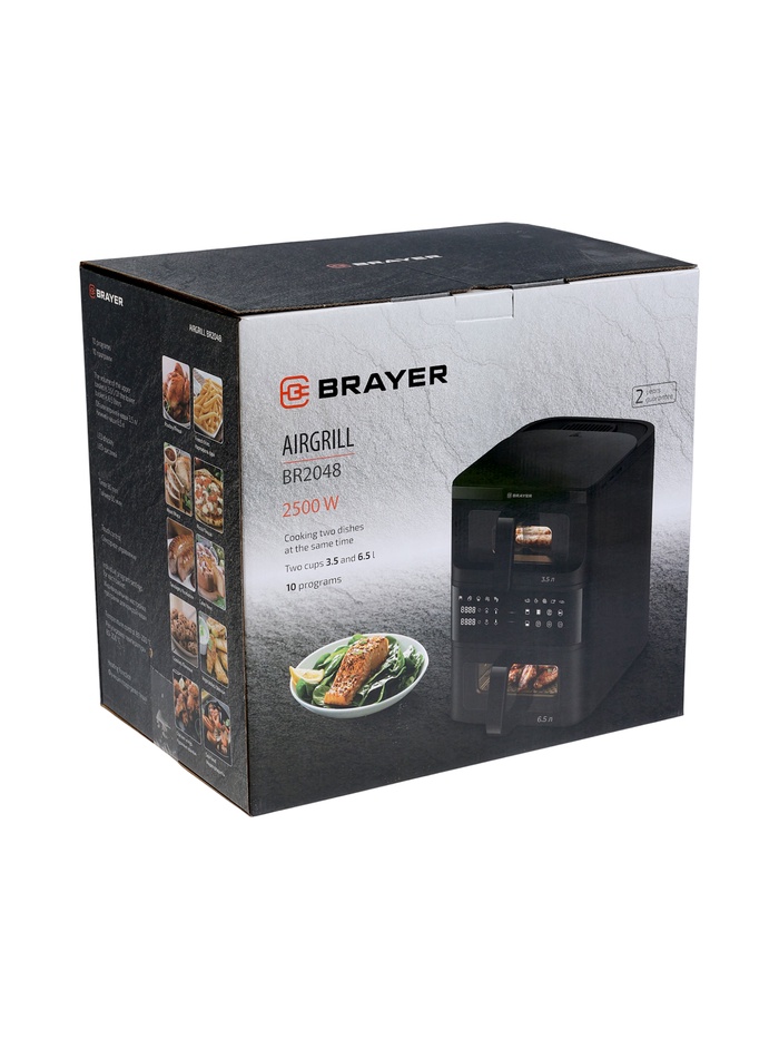 Аэрогриль BRAYER 2048BR, 2500 Вт, 2 чаши, 10 программ, 200°С, LED-дисплей, таймер, решётка - фото 51905905