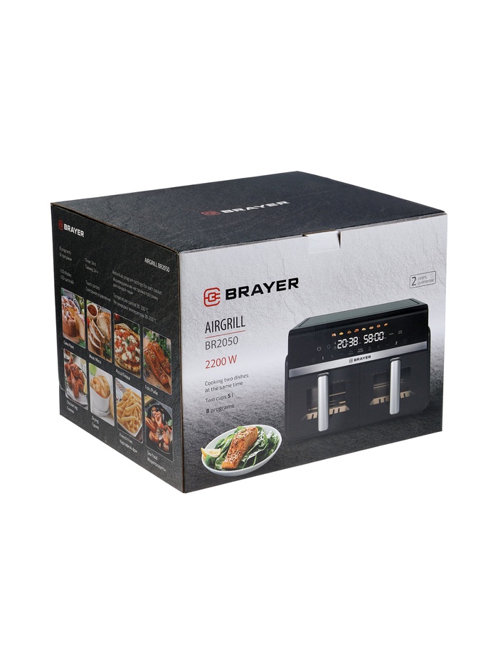 Аэрогриль BRAYER BR2050, 2200 Вт, 2 чаши по 5 л, 8 программ, до 200°С, LED-дисплей, таймер, решётка - фото 51925079
