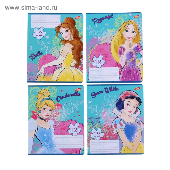 Тетрадь 12 листов клетка Disney "Принцессы", обложка мелованный картон, глиттер, МИКС - Фото 1