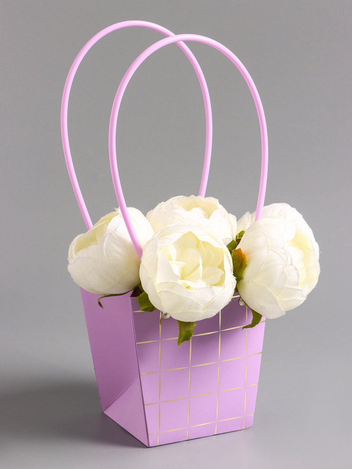 Сумка переноска для цветов, лиловая влагостойкая, с тиснением, 13×9.5×13±5% см