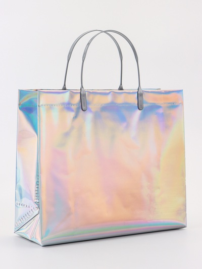 Пакет подарочный ПВХ, голография, серебро, пластиковая ручка, 26×22.5×10 см