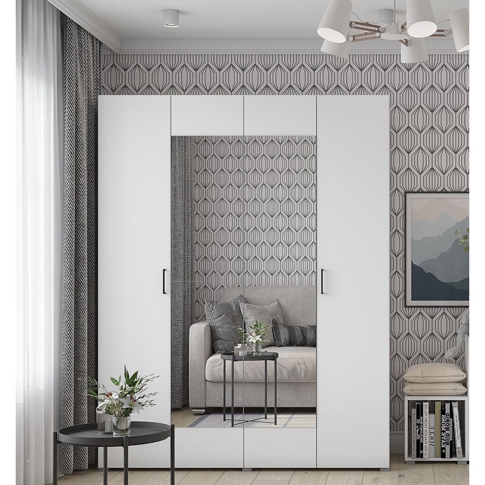 УЦЕНКА Шкаф четырехстворчатый с зеркалами Горизонт, 1800×570×2072, Белый/Белый - Фото 1