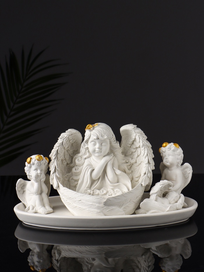 УЦЕНКА Набор фигур «Ангелы на подносе» 5 шт., 23.5×13×12 см, белый - Фото 1