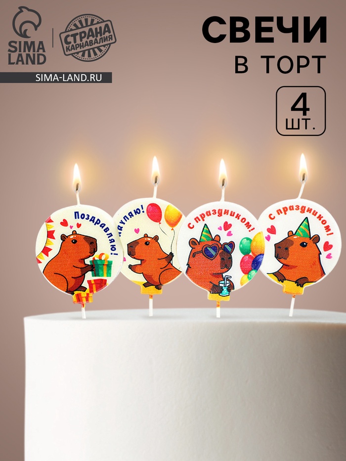 Свечи в торт на шпажке «Капибара», 4 шт.