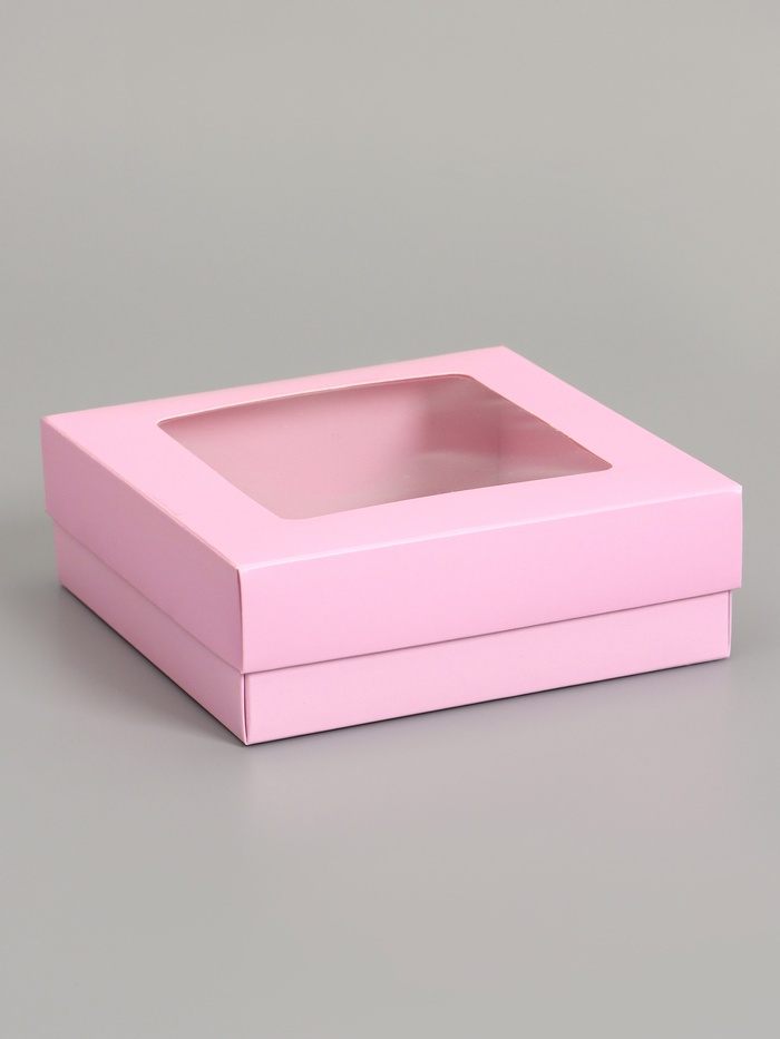 Коробка складная, крышка-дно,с окном, розовая, 15 х 15 х 5 см