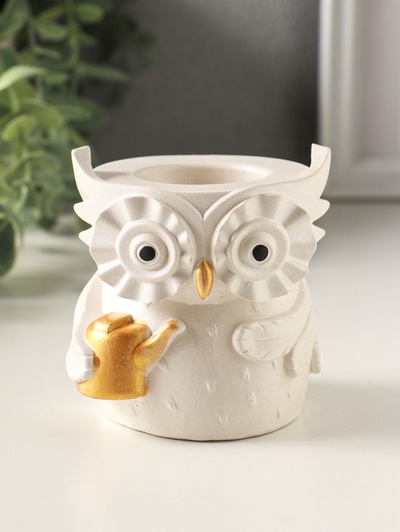 Карандашница сувенирная «Сова с лейкой», 8×8 см, гипс, белый перламутр