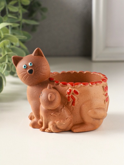Подставка для мелочей «Кошка с котенком» 8×9×6 см, охра, гипс