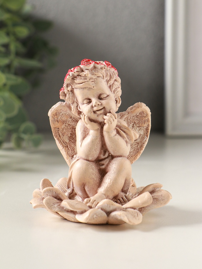 Фигурка гипс «Ангел на цветке», 9×7 см, состаренный эффект, слоновая кость