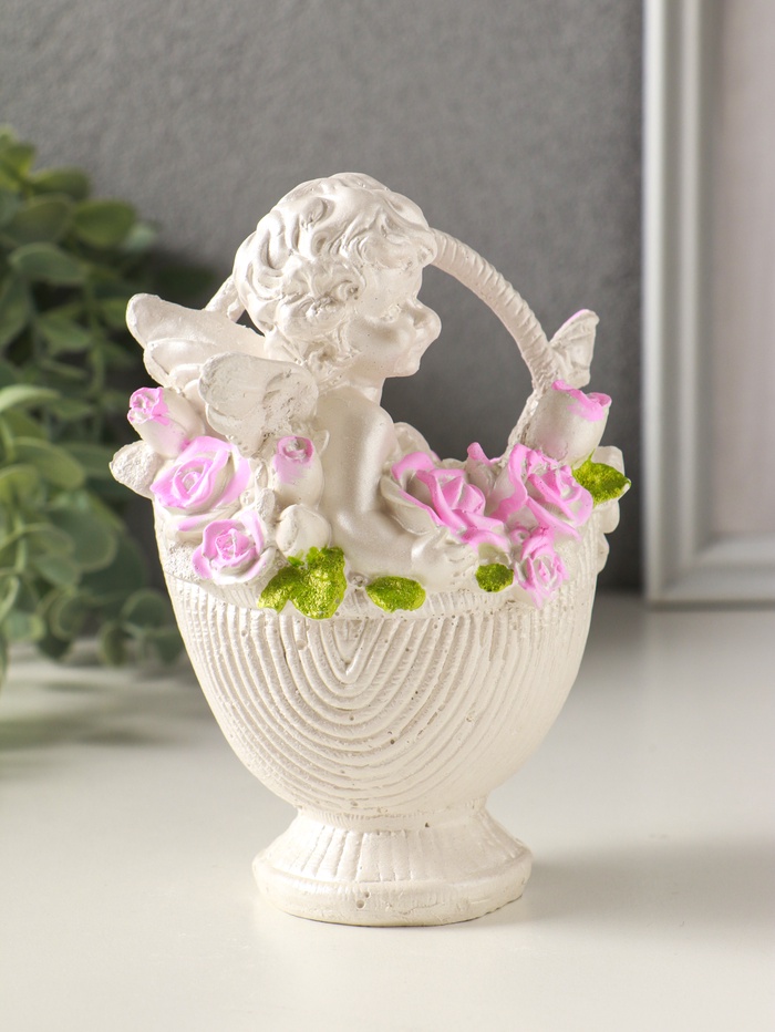 Фигурка гипс «Ангел в корзине», 13×10×8 см, с росписью, белый