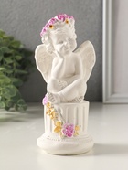 Фигурка гипс «Ангел на тумбе с цветами», 15×7 см, белый с росписью - фото 65465263