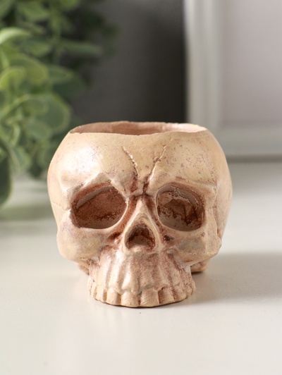Подсвечник на 1 свечу «Череп», гипс, эффект состаривания, слоновая кость