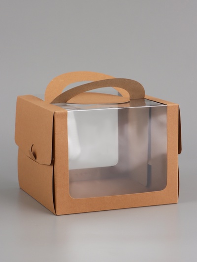 Коробка под бенто-торт с окном, крафт, 18×18×14 см