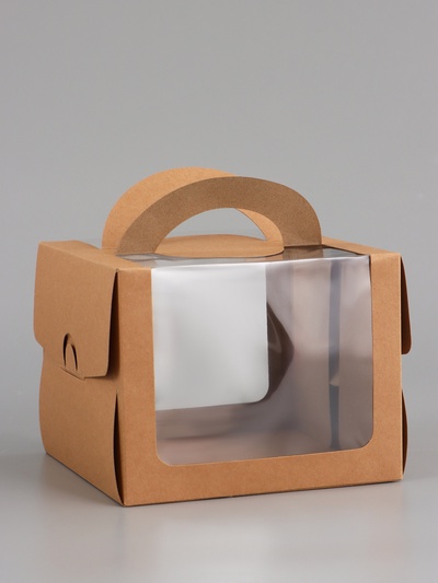 Коробка под бенто-торт с окном, крафт, 16×16×12.5 см