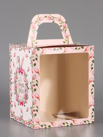 Коробка подарочная пасхальная с окном «Тюльпаны», розовый, 15×15×18 см