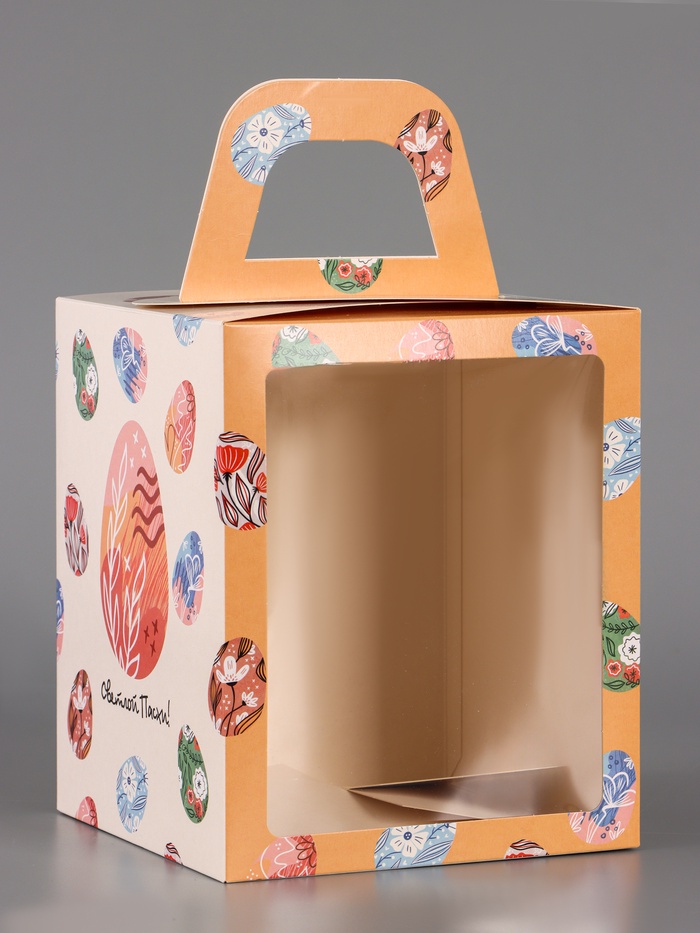 Коробка подарочная пасхальная с окном «Расписные яйца», персиковый, 15×15×18 см - Фото 1