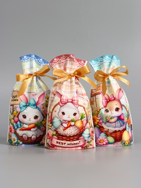 Пакет полиэтиленовый подарочный «Заяц с цветами», с завязками, 15×23±1 см 10942848