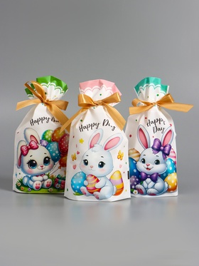 Пакет полиэтиленовый подарочный «Заяц с цветами», с завязками, 15×23±1 см 10942849