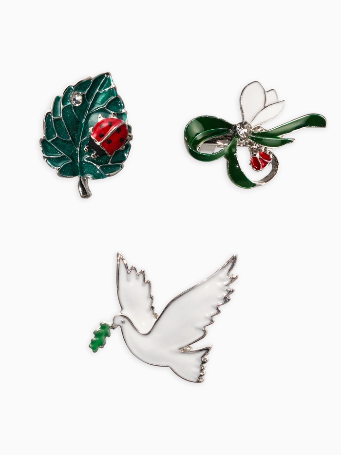 Броши «Голубь, листик, подснежник», набор 3 шт. разноцветный в серебре