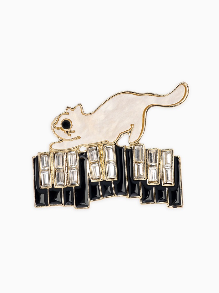 Брошь перламутровый «Котёнок с пианино», чёрный, белая в золоте