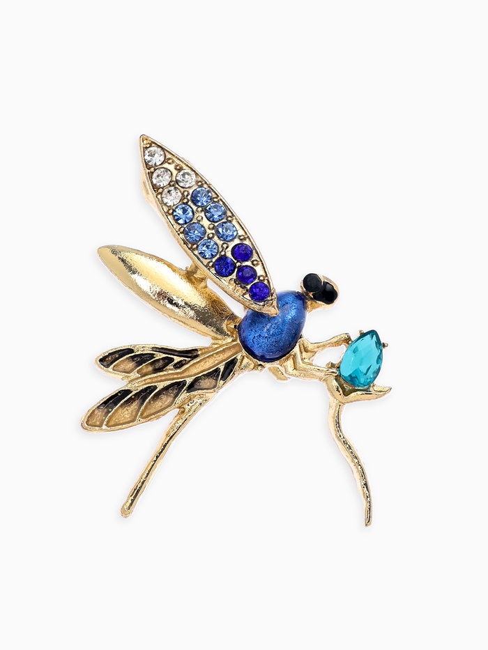 Брошь «Стрекоза» искристая, сине-голубая в золоте - Фото 1