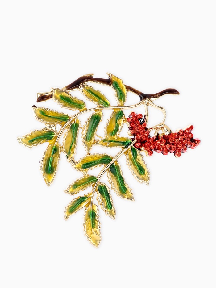 Брошь «Ветка Рябины», красно-зелёная в золоте - Фото 1