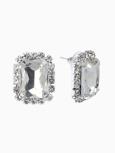 Серьги со стразами «Роскошь», прямоугольник, белые в серебре